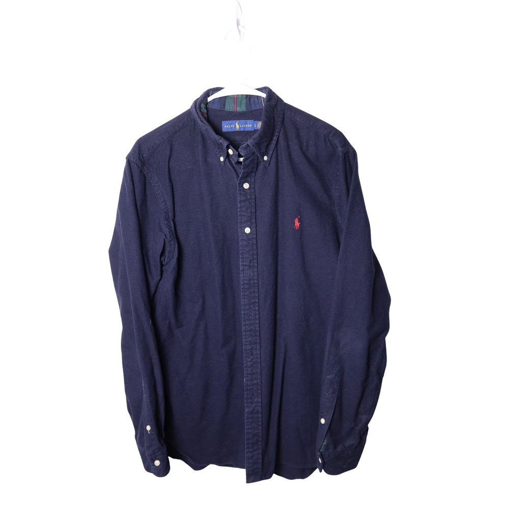 Polo Ralph Lauren Mens Navy Blue Flannel Button Down Shirt Plaid Trim Size L
